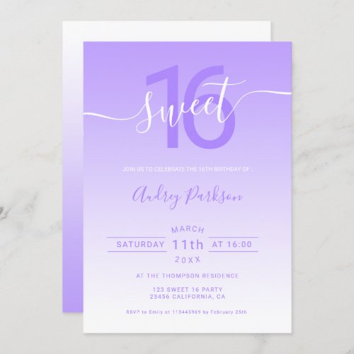 girly purple gradient ombre chic script sweet 16 invitation
