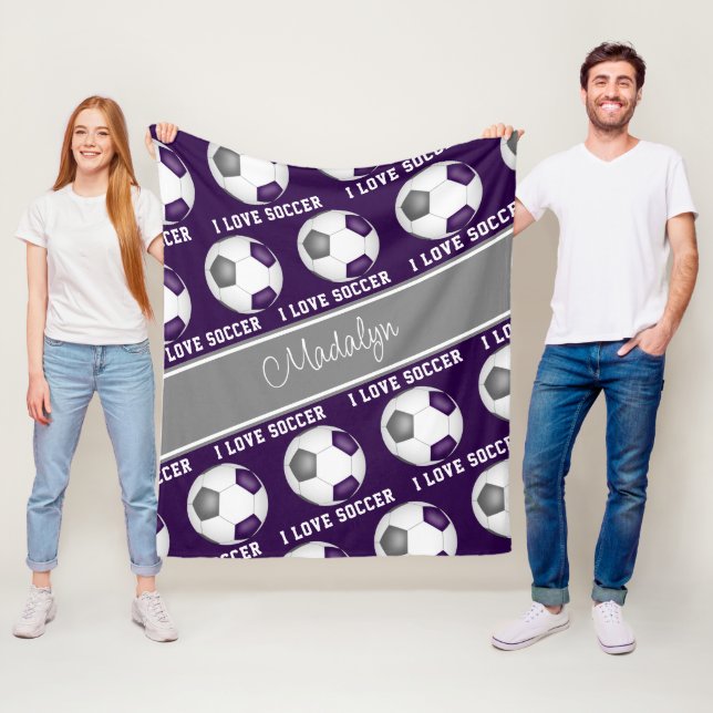 girly purple gray sports I love soccer text Fleece Blanket (In Situ)