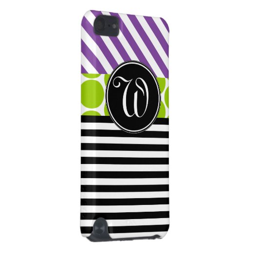 GIRLY PURPLE GREEN BLACK STRIPES MONOGRAMMED iPod TOUCH 5G COVER (Back/Right)