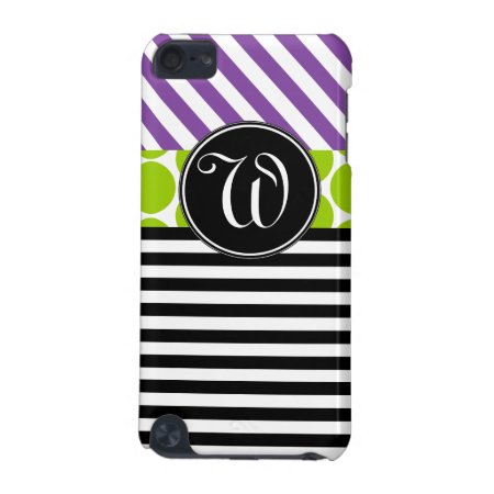 Girly Purple Green Black Stripes Monogrammed Ipod Touch 5g Cover