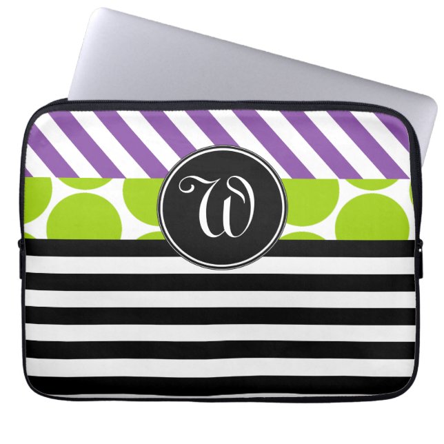 GIRLY PURPLE GREEN BLACK STRIPES MONOGRAMMED LAPTOP SLEEVE (Front)