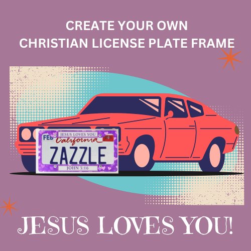 Girly Purple Hearts Jesus Loves You License Plate Frame