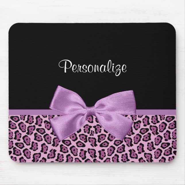 Girly Purple Jaguar Print Cute Bow With Name Mouse Pad (Front)