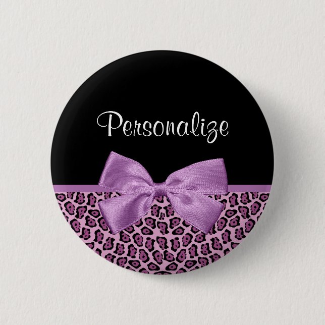Girly Purple Jaguar Print Cute Bow With Name Pinback Button (Front)