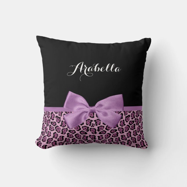 Girly Purple Jaguar Print Cute Bow With Name Throw Pillow (Front)
