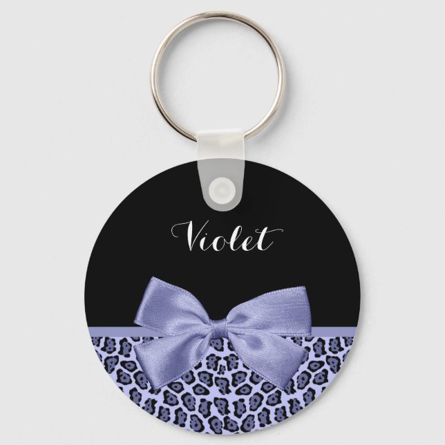 Girly Purple Jaguar Print Lavender Bow With Name Keychain (Front)