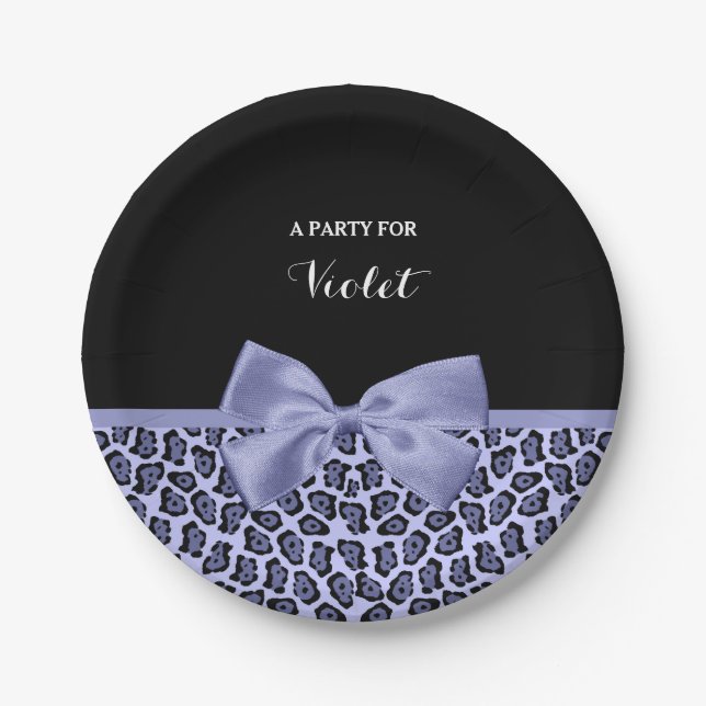 Girly Purple Jaguar Print Lavender Bow With Name Paper Plates (Front)