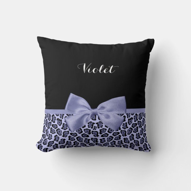 Girly Purple Jaguar Print Lavender Bow With Name Throw Pillow (Front)