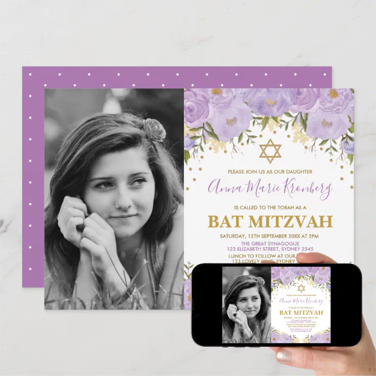 Girly Purple Lavender Gold Floral Bat Mitzvah Invitation | Zazzle