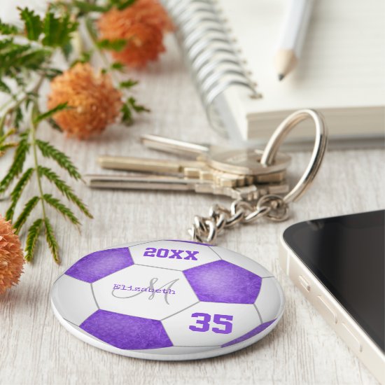 girly purple lavender white soccer season keychain