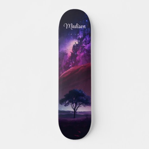 Girly Purple Midnight Sky Tree Custom Name Skateboard