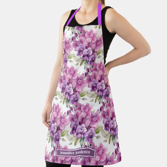 Girly Purple Orchid Floral  Apron (Insitu)