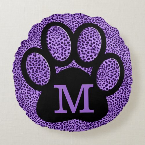 Girly Purple Paw Print with Monogram in Cheetah Round Pillow