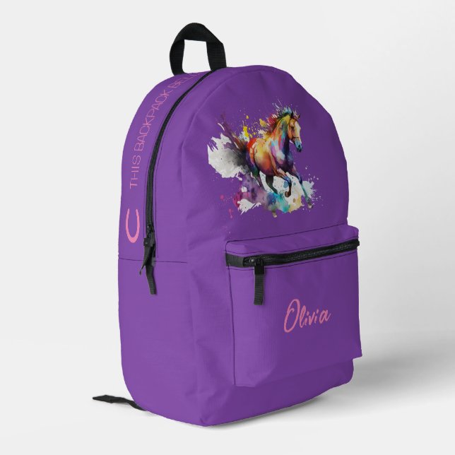 Girly Purple Personalized Horse Printed Backpack (Back Corner Left)
