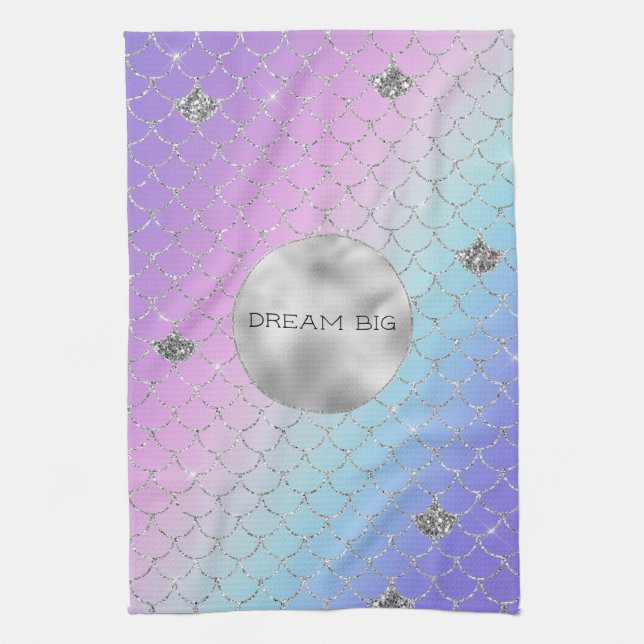 Girly Purple Pink Aqua Silver Mermaid Glitter Kitchen Towel (Vertical)