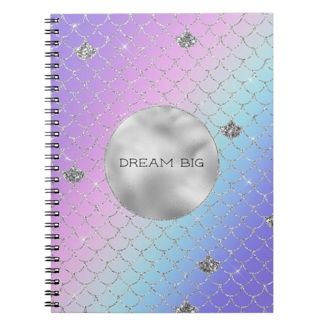 Girly Purple Pink Aqua Silver Mermaid Glitter Notebook (Front)