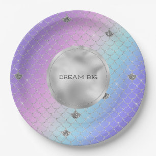 Girly Purple Pink Aqua Silver Mermaid Glitter Paper Plates