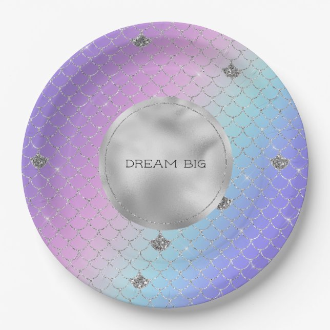 Girly Purple Pink Aqua Silver Mermaid Glitter Paper Plates (Front)