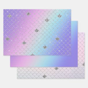 Girly Purple Pink Aqua Silver Mermaid Glitter Wrapping Paper Sheets
