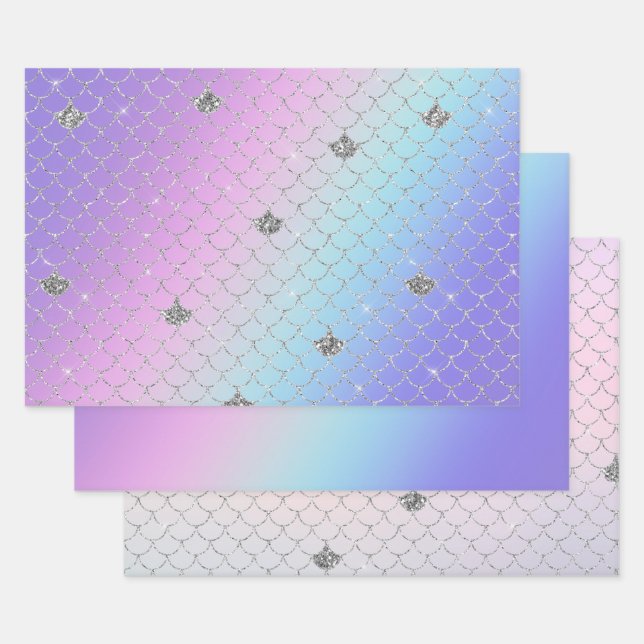 Girly Purple Pink Aqua Silver Mermaid Glitter Wrapping Paper Sheets (Set)