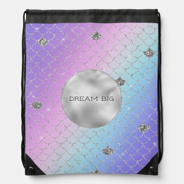 Girly Purple Pink Aqua Sparkle Mermaid Glitter Drawstring Bag (Front)