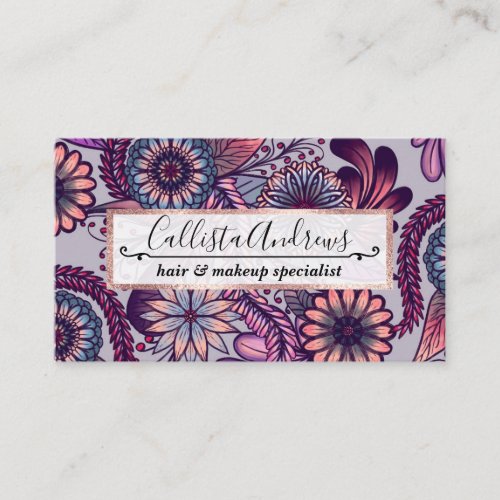 Girly Purple Pink Coral Blue Painted Floral Drawin Business Card