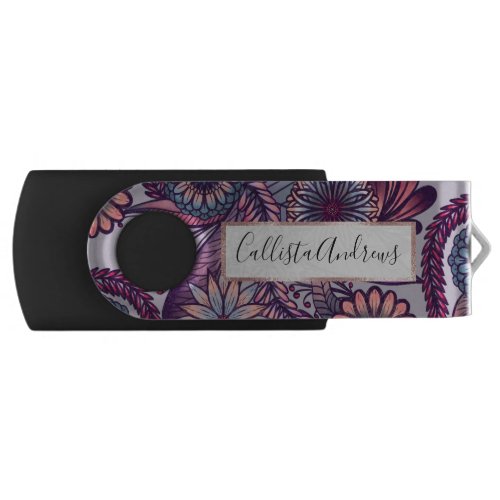 Girly Purple Pink Coral Blue Painted Floral Drawin Flash Drive