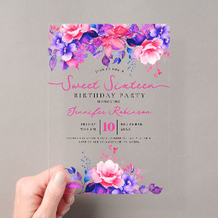 Girly Purple Pink Floral Sweet 16 Birthday Party Acrylic Invitations