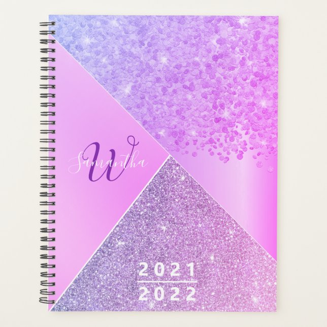Girly Purple Pink Glitter Chic Monogram 2021 2022 Planner (Front)