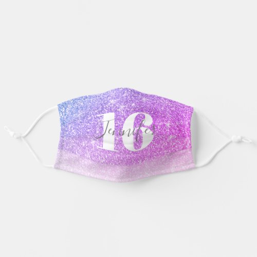 Girly Purple Pink Glitter Name Sweet 16 Birthday Adult Cloth Face Mask