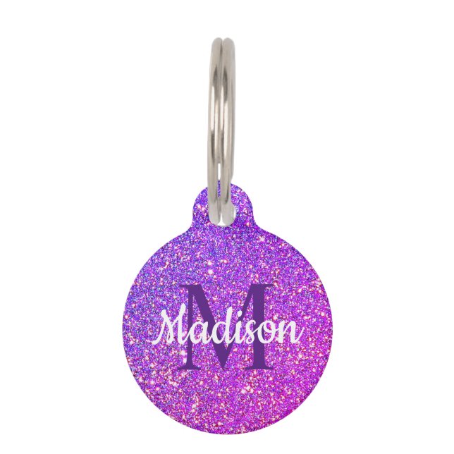 Girly Purple Pink Glitter Personalized Pet ID Tag (Front)