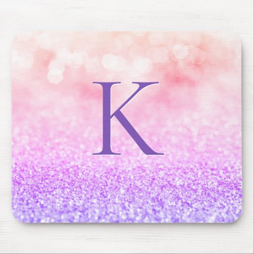 Girly Purple Pink Glitter Shiny Bokeh Monogram Mouse Pad
