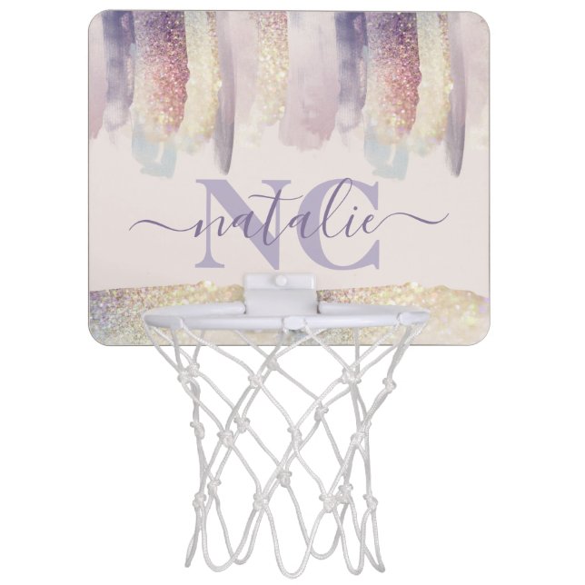 Girly purple pink glitter sparkle initial name mini basketball hoop (Front)