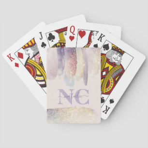 Girly purple pink glitter sparkle initial name poker cards