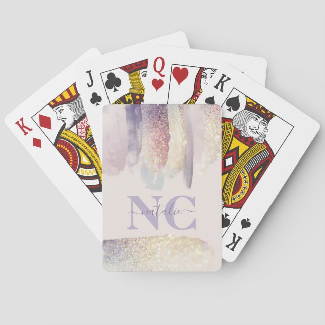 Girly purple pink glitter sparkle initial name poker cards (Back)