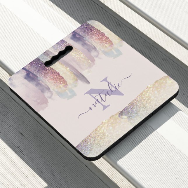 Girly purple pink glitter sparkle initial name seat cushion (In Situ)