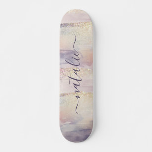 Girly purple pink glitter sparkle initial name skateboard