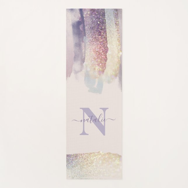 Girly purple pink glitter sparkle initial name yoga mat (Front)