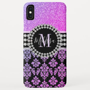 Girly Purple Pink Glitter Sparkle Monogram Name Iphone Xs Max Case by DamaskGallery at Zazzle