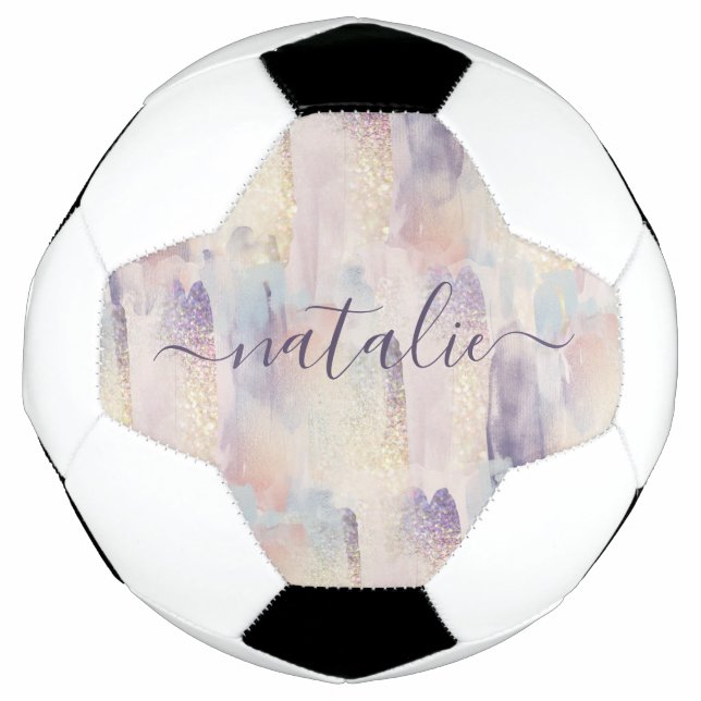 Girly purple pink glitter sparkle personalized soccer ball (Front)