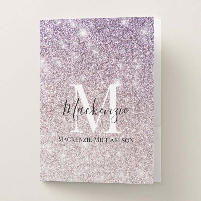 Girly Purple Pink Ombre Glitter Monogram Name Pocket Folder (Front)