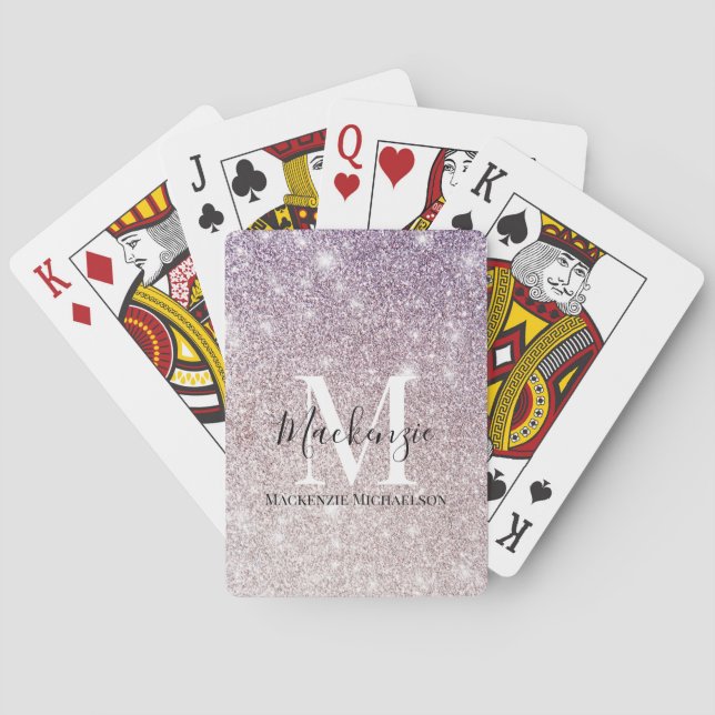 Girly Purple Pink Ombre Glitter Monogram Name  Poker Cards (Back)