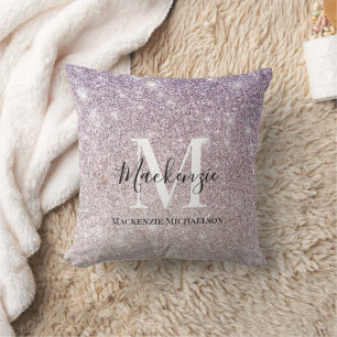 Girly Purple Pink Ombre Glitter Monogram Name   Throw Pillow