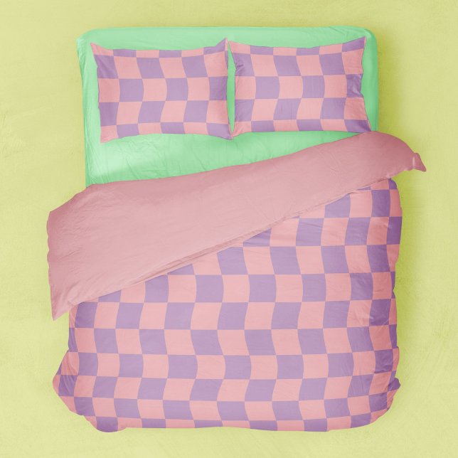 Girly Purple Pink Retro Wavy Checkerboard Duvet Cover (Creator Uploaded)
