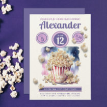 Girly Purple Popcorn Movie Night Cinema Watercolor Invitation