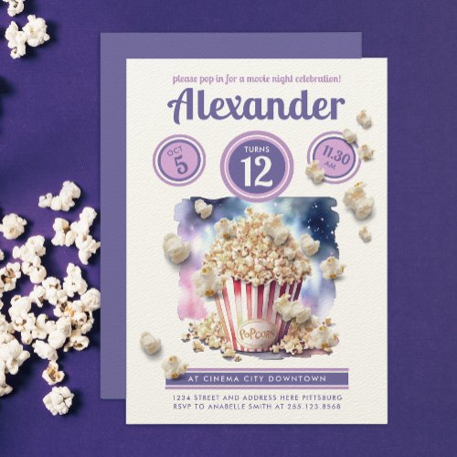 Girly Purple Popcorn Movie Night Cinema Watercolor Invitation