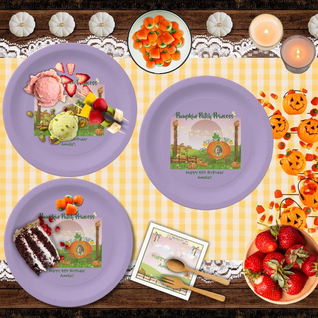 Girly Purple Pumpkin Patch Girl's Birthday  Paper Plates (Pretty purple personalized "Pumpkin Patch Princess" with your photo girl's birthday party plates)
