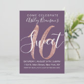 Girly Purple Rose Gold Sequin Glitter Sweet 16 Invitation (Standing Front)