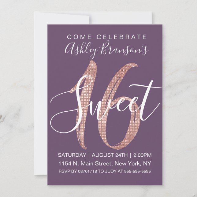 Girly Purple Rose Gold Sequin Glitter Sweet 16 Invitation (Front)