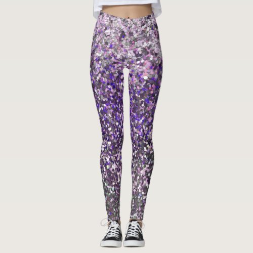 Girly Purple Silver Glitter Sequin Confetti Leggings